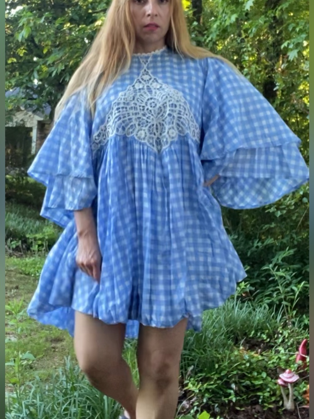 Free People Dress Gingham Blue White Lace Bubble Hem Angel Sleeve Sz M